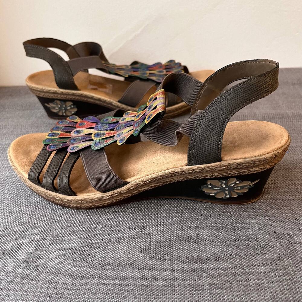 Rieker Sandals Womens Size 37 Brown Multi Color Peacock Boho Festival Wedge Art - Picture 7 of 8